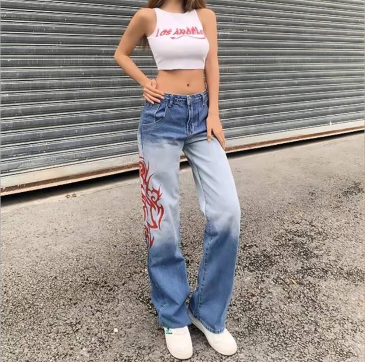Flame printing gradually thin straight tube pants jeans women