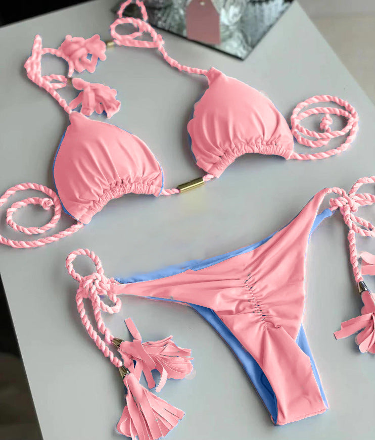 Swimsuit, triangle bag, bikini, women's two-piece solid color, multi-color bed rope, bikini