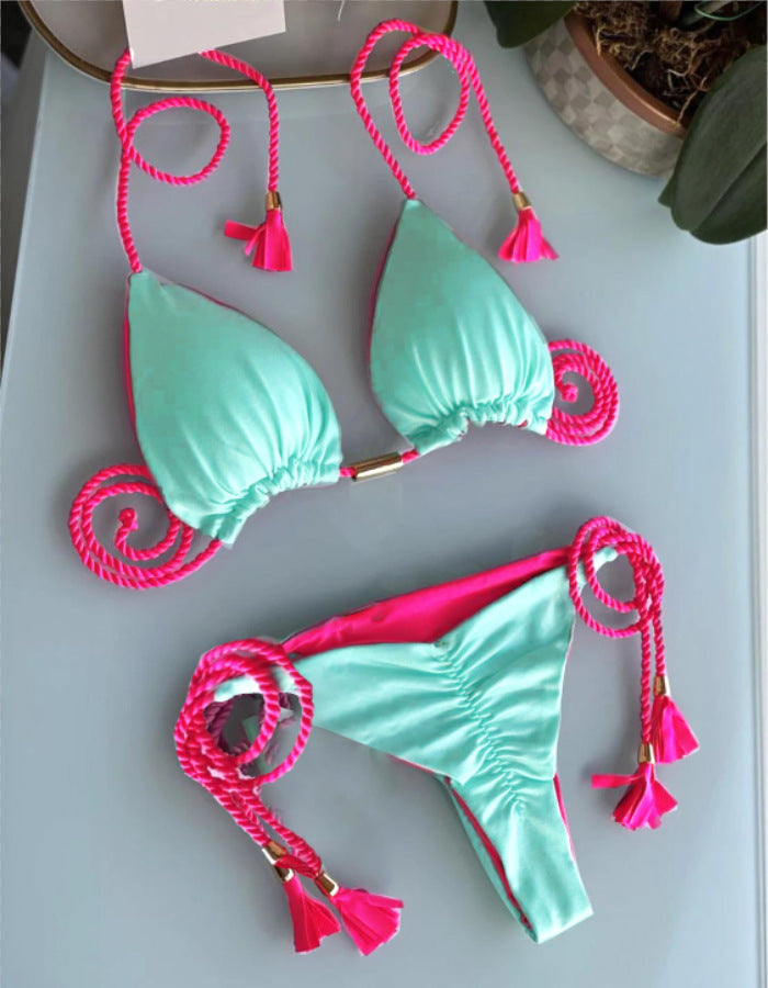 Swimsuit, triangle bag, bikini, women's two-piece solid color, multi-color bed rope, bikini