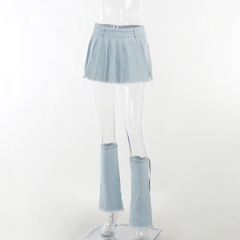 Fashion street skirt trend personality ins fashion casual all-matching denim pleated skirt