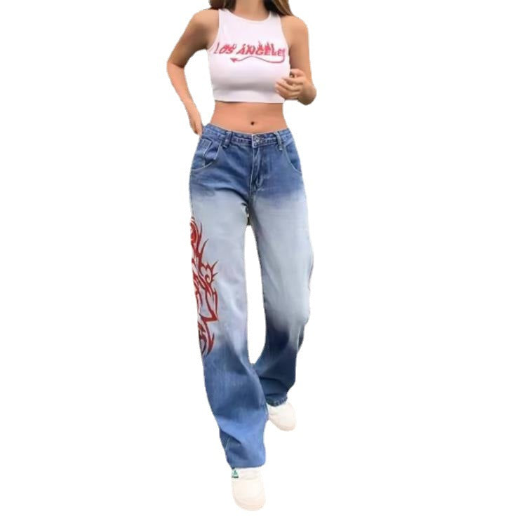 Flame printing gradually thin straight tube pants jeans women