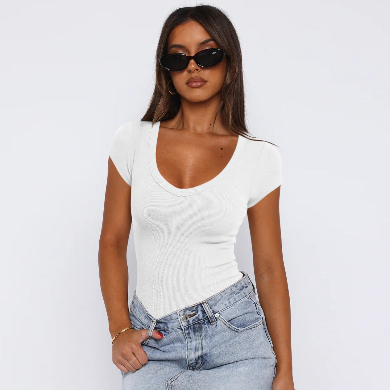 Summer Women's thread set head solid color, fashion short-sleeved blouse for women