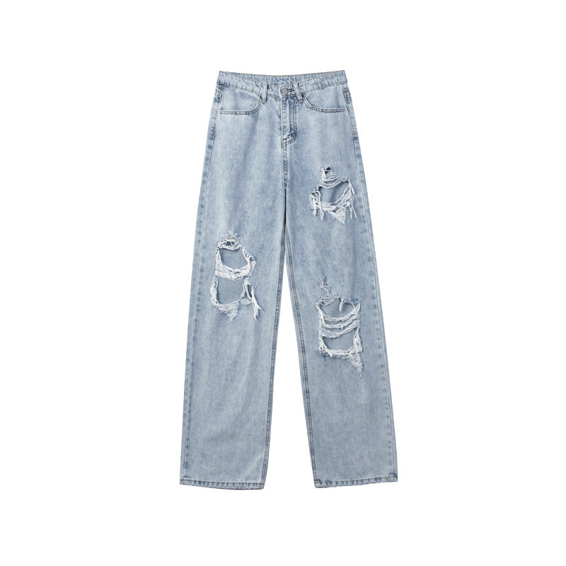 2022 plus-size fat mm high waist ripped jeans for women with a wide leg Hyuna straight pants