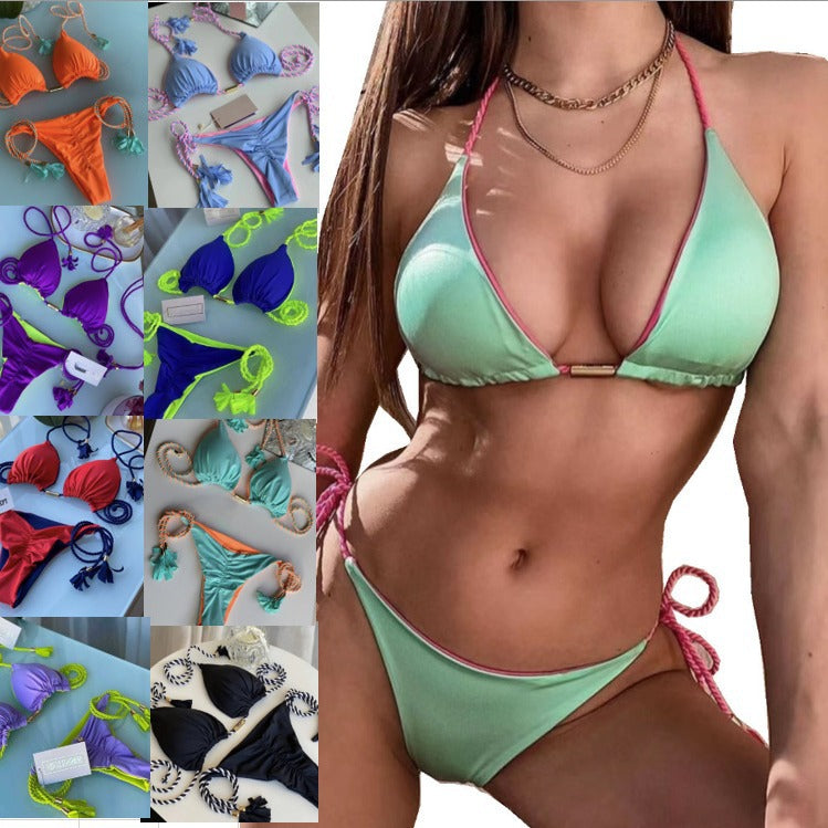 Swimsuit, triangle bag, bikini, women's two-piece solid color, multi-color bed rope, bikini