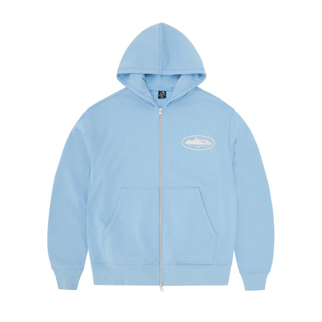 Corteiz's heavyweight boat print loose zipper hoodie, pants, and shorts