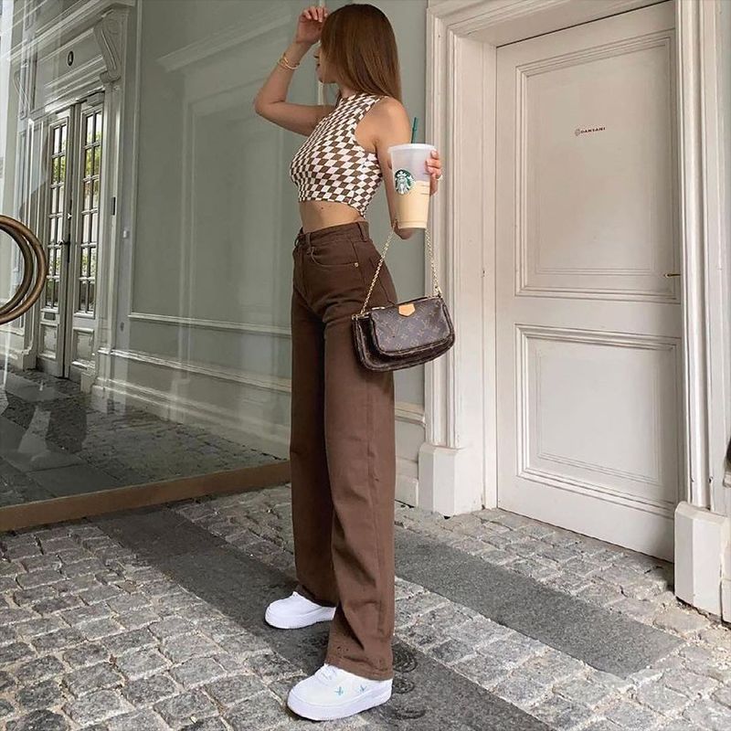 2021 Vintage Straight leg high waist slim brown jeans