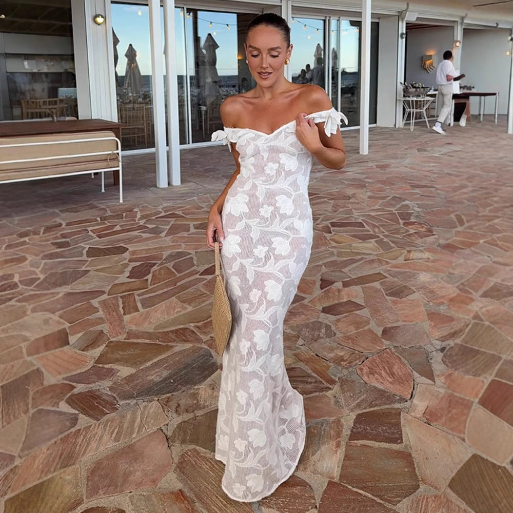Solid-color and slimming one-shoulder slightly transparent knitted flower-patterned backless evening dress style