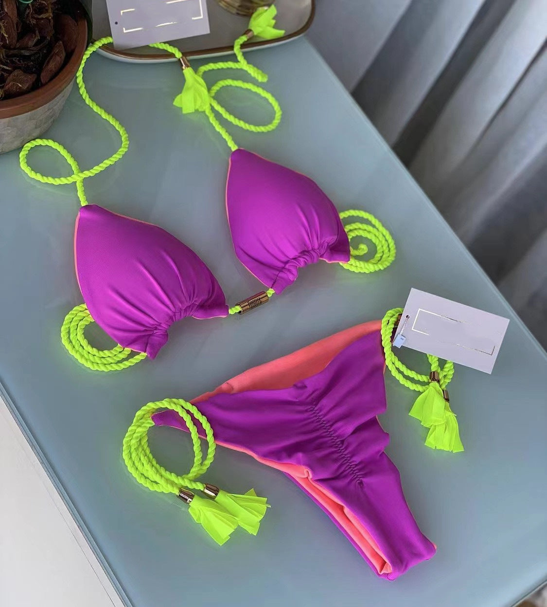 Swimsuit, triangle bag, bikini, women's two-piece solid color, multi-color bed rope, bikini