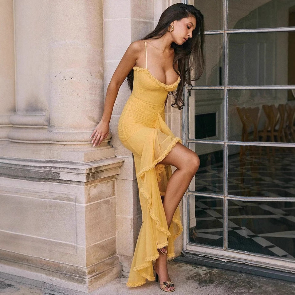 ruffled long dress, slimming halter, vacation-style hot girl dress