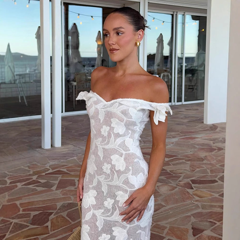 Solid-color and slimming one-shoulder slightly transparent knitted flower-patterned backless evening dress style