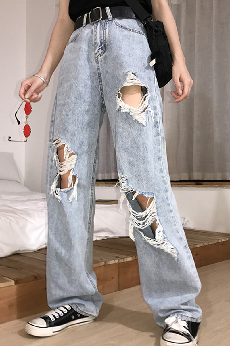 2022 plus-size fat mm high waist ripped jeans for women with a wide leg Hyuna straight pants