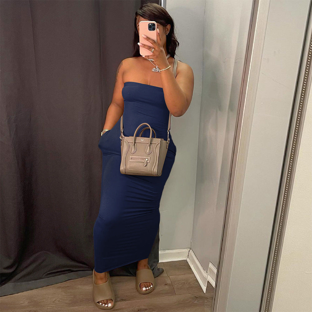 Solid-color Strapless Dress, a fashionable and elegant long dress for women