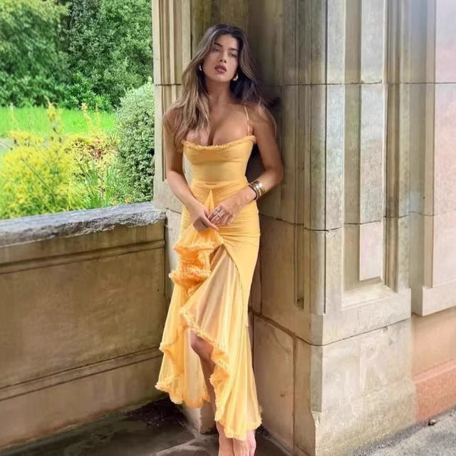 ruffled long dress, slimming halter, vacation-style hot girl dress