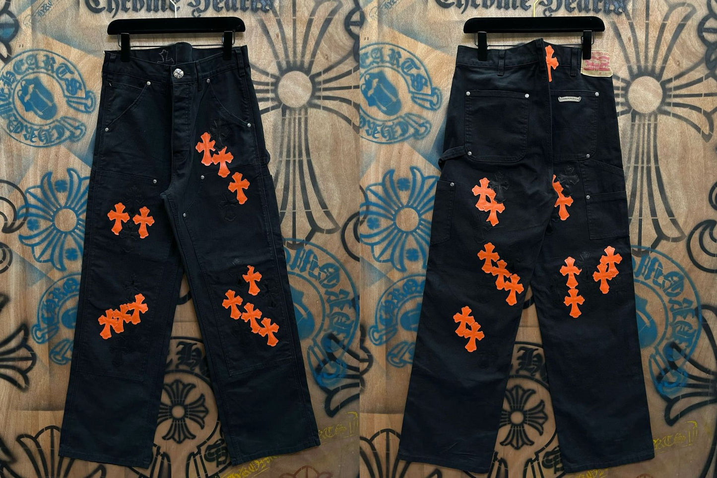 American top style orange cross leather Sanskrit straight wash jeans