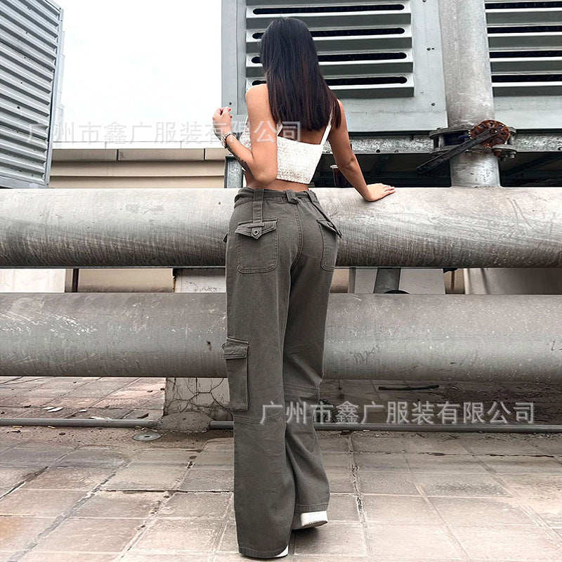 Summer 2022 Grey Leisure Belt Multi-pocket cargo jeans pants
