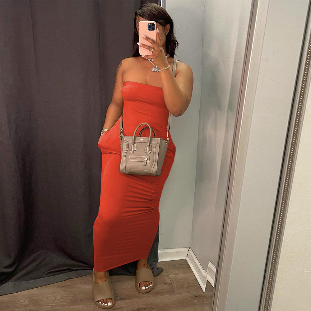 Solid-color Strapless Dress, a fashionable and elegant long dress for women