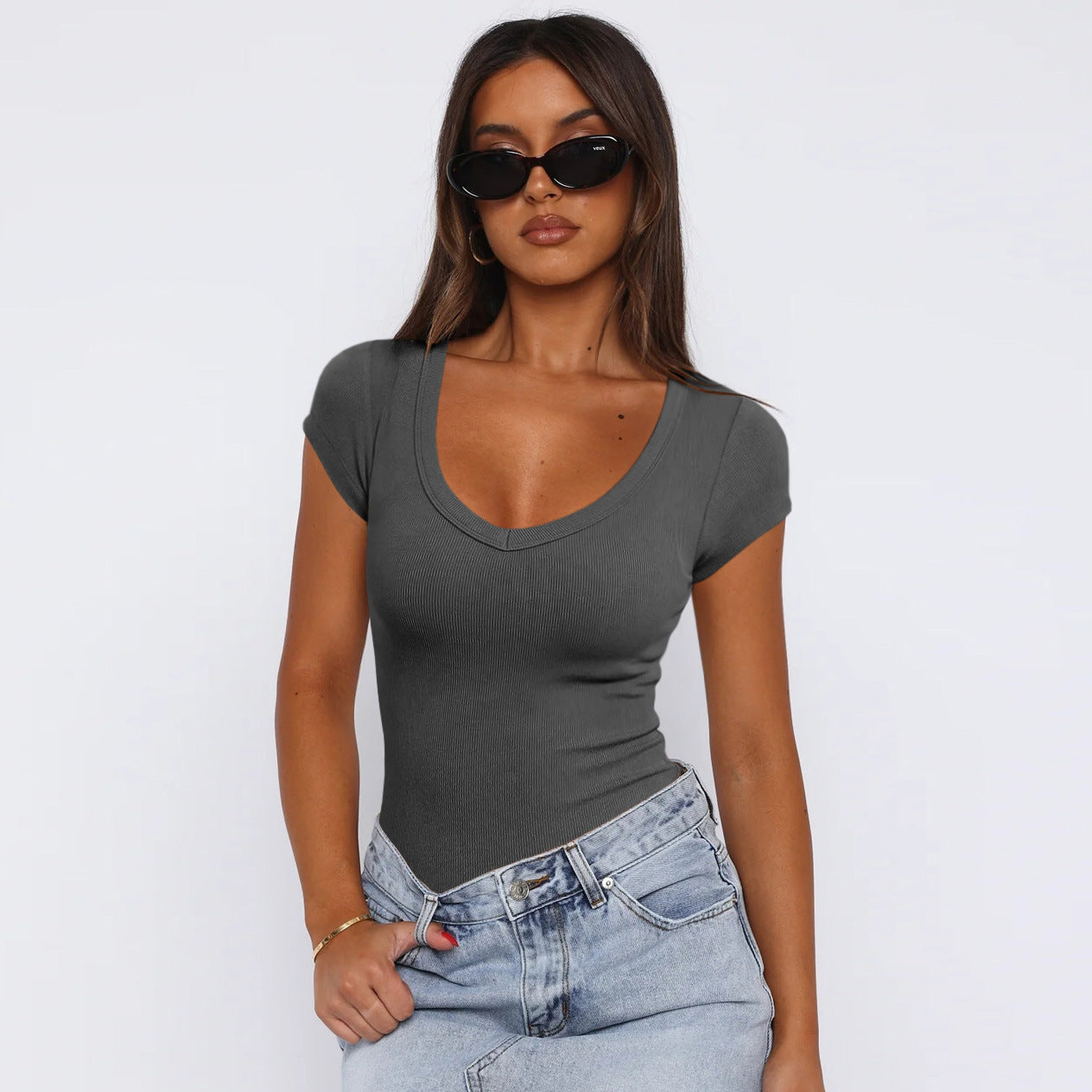 Summer Women's thread set head solid color, fashion short-sleeved blouse for women