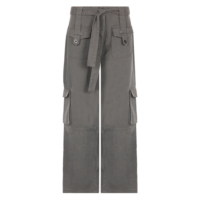 Summer 2022 Grey Leisure Belt Multi-pocket cargo jeans pants