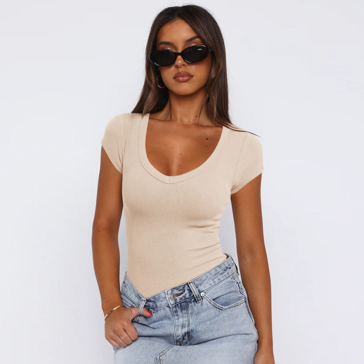 Summer Women's thread set head solid color, fashion short-sleeved blouse for women