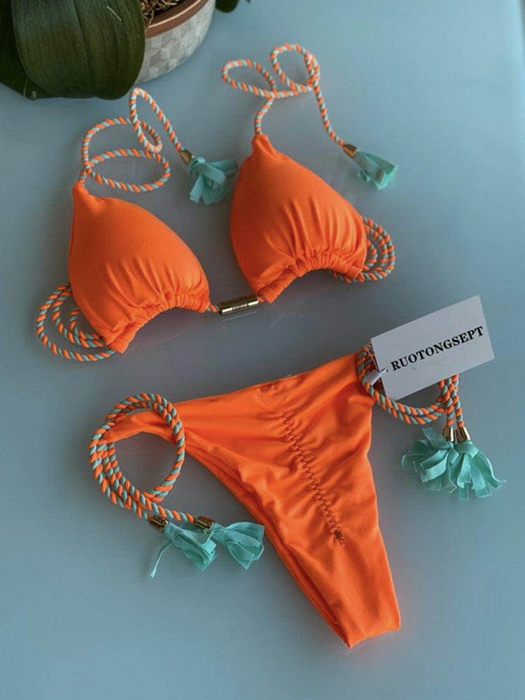 Swimsuit, triangle bag, bikini, women's two-piece solid color, multi-color bed rope, bikini