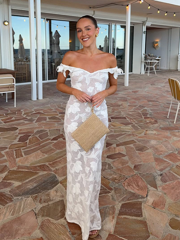 Solid-color and slimming one-shoulder slightly transparent knitted flower-patterned backless evening dress style