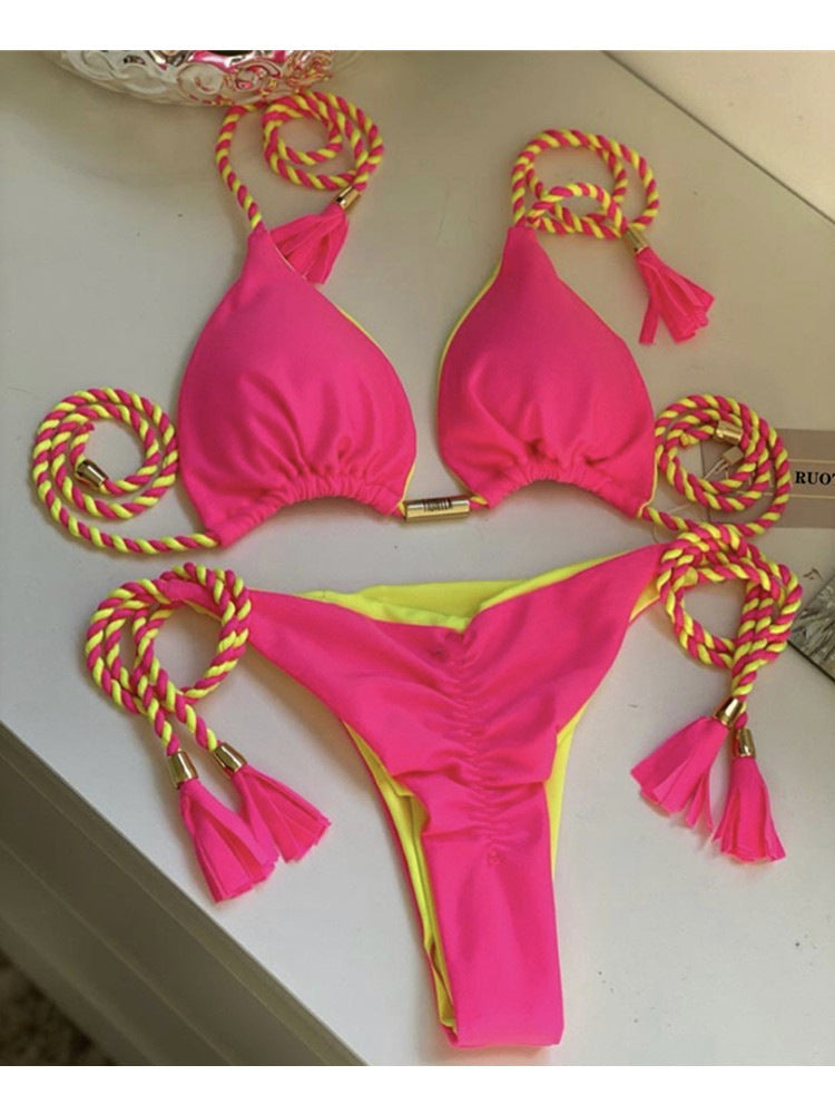 Swimsuit, triangle bag, bikini, women's two-piece solid color, multi-color bed rope, bikini