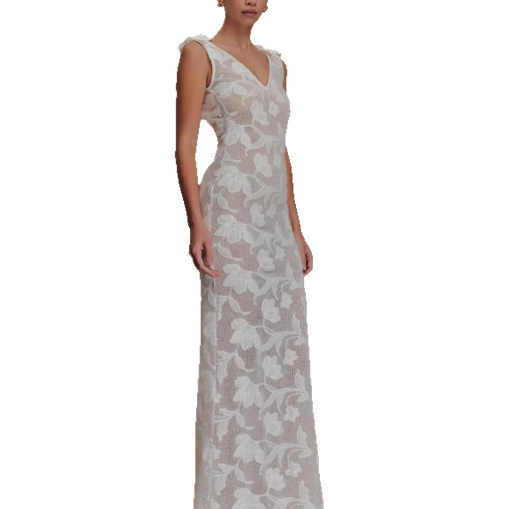 Solid-color and slimming one-shoulder slightly transparent knitted flower-patterned backless evening dress style