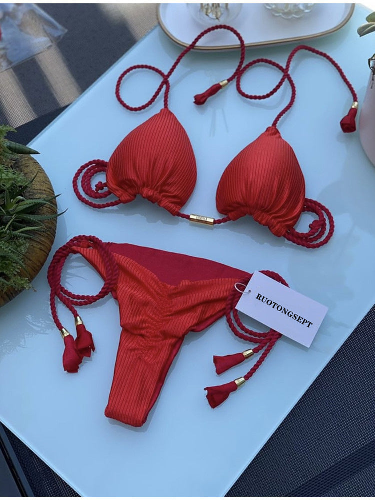Swimsuit, triangle bag, bikini, women's two-piece solid color, multi-color bed rope, bikini
