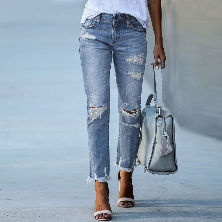 Raw edge ripped straight slim jeans