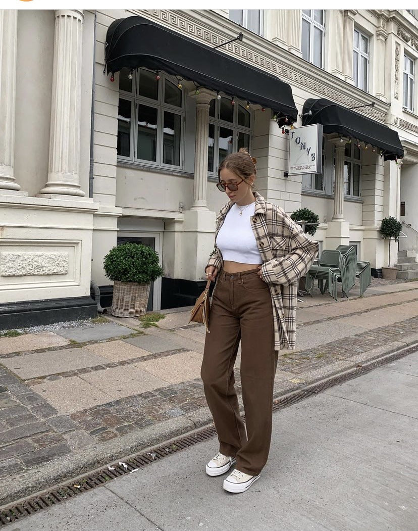 2021 Vintage Straight leg high waist slim brown jeans