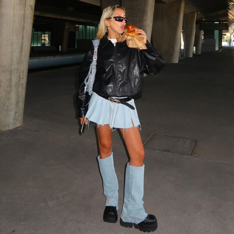 Fashion street skirt trend personality ins fashion casual all-matching denim pleated skirt
