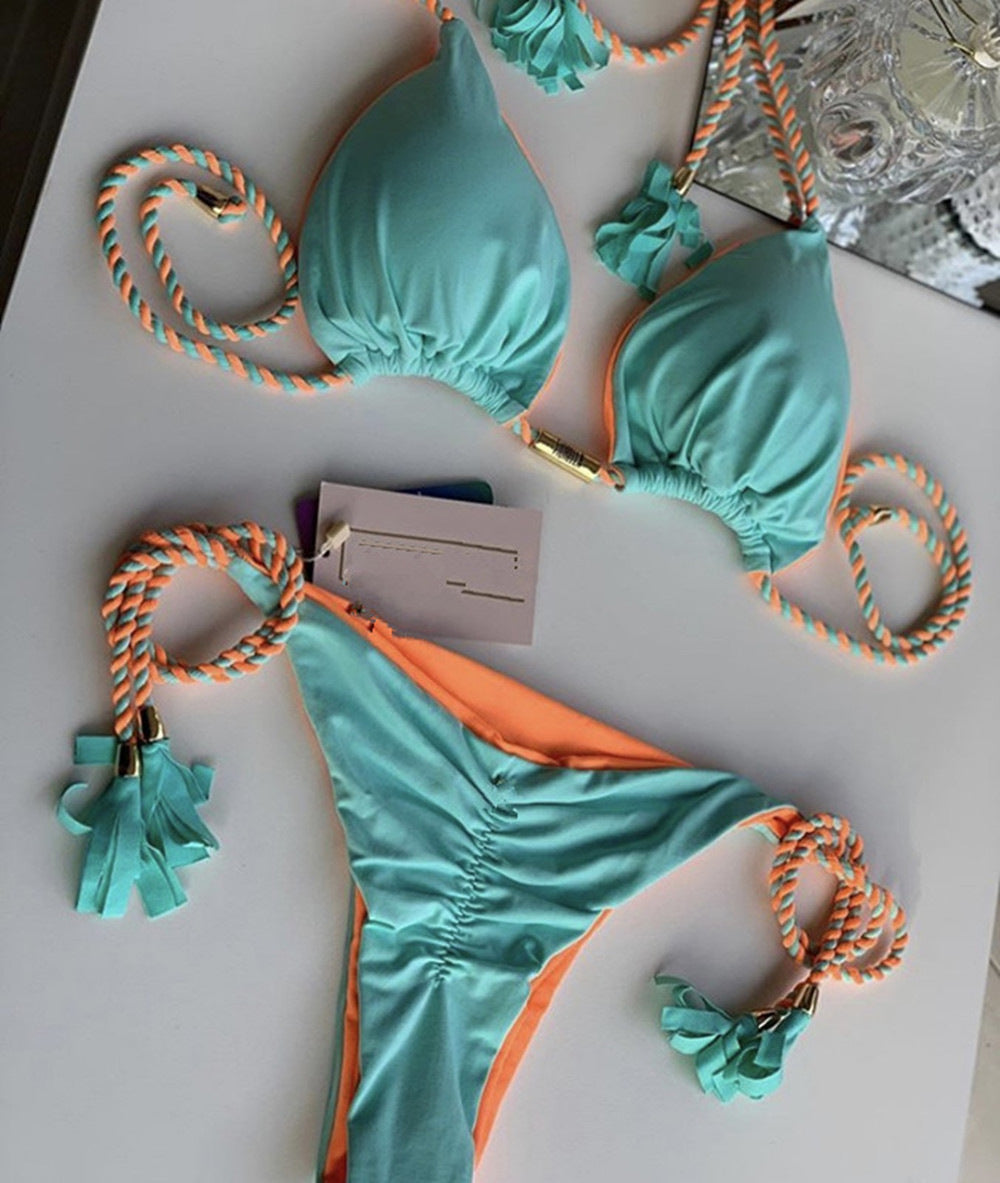 Swimsuit, triangle bag, bikini, women's two-piece solid color, multi-color bed rope, bikini