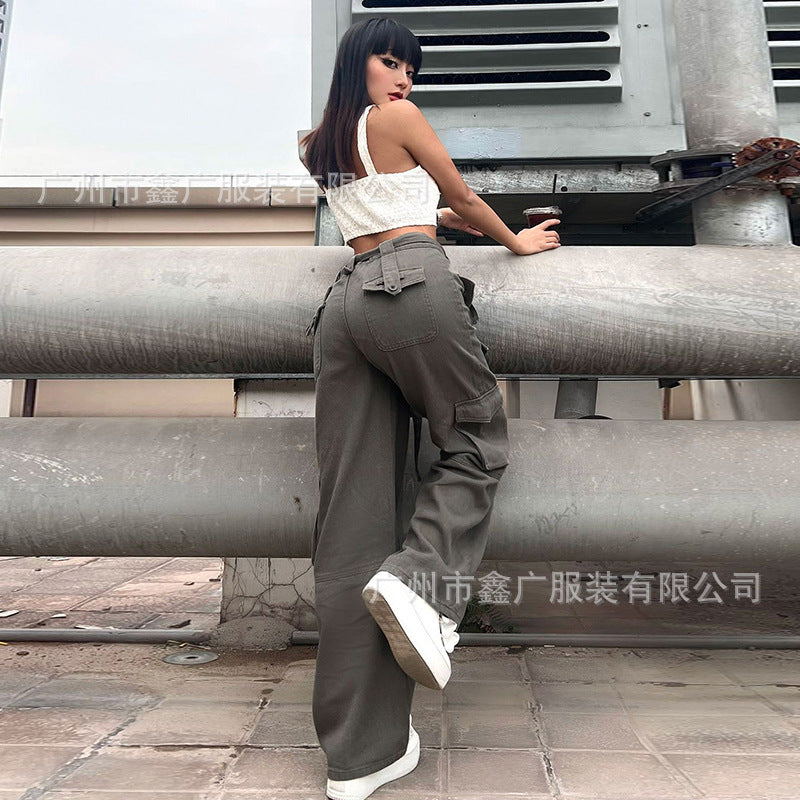 Summer 2022 Grey Leisure Belt Multi-pocket cargo jeans pants