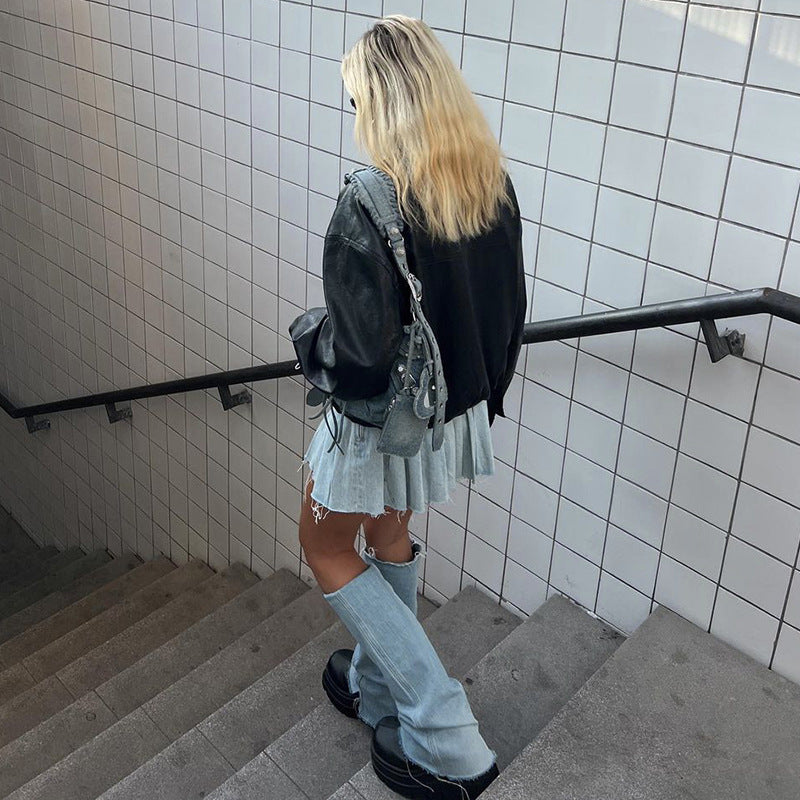 Fashion street skirt trend personality ins fashion casual all-matching denim pleated skirt
