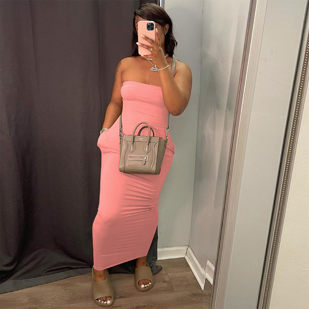 Solid-color Strapless Dress, a fashionable and elegant long dress for women