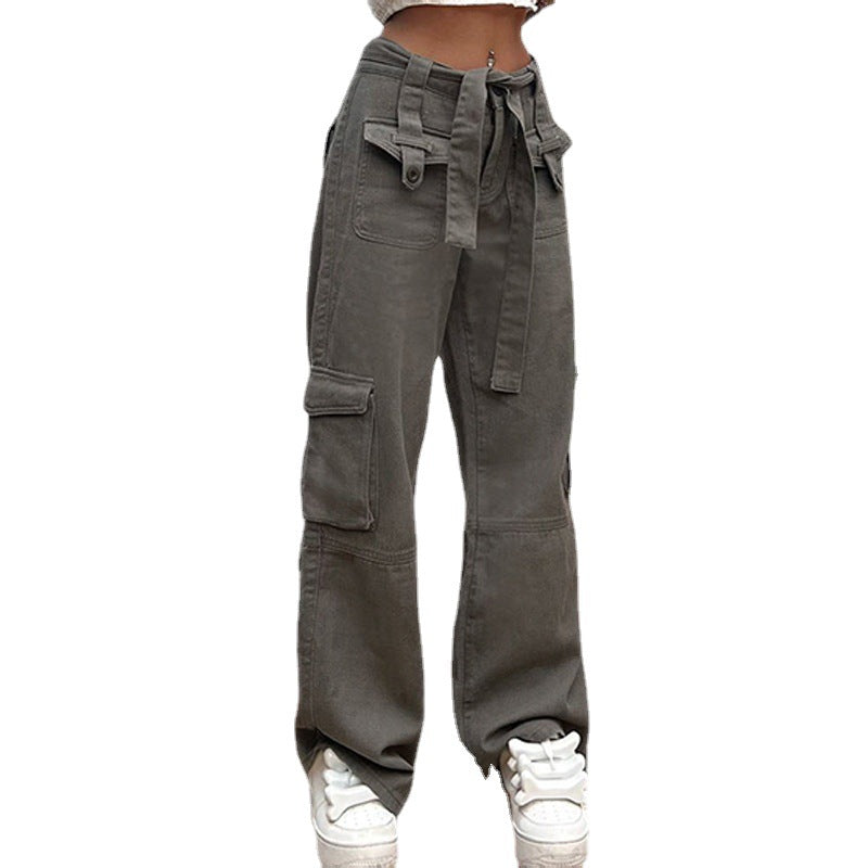 Summer 2022 Grey Leisure Belt Multi-pocket cargo jeans pants