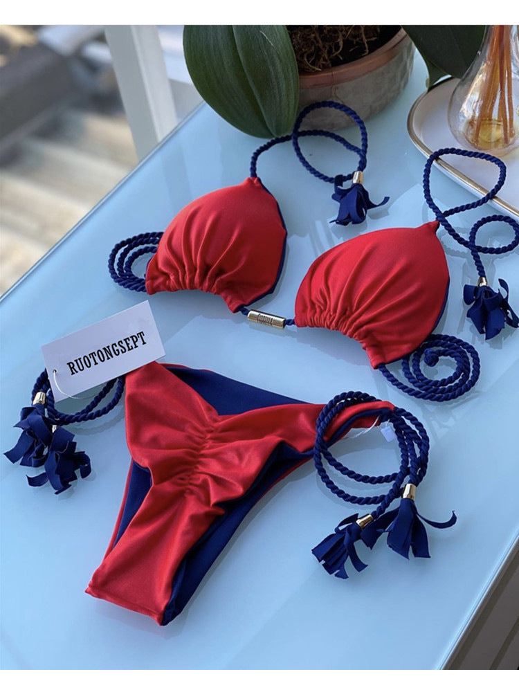Swimsuit, triangle bag, bikini, women's two-piece solid color, multi-color bed rope, bikini