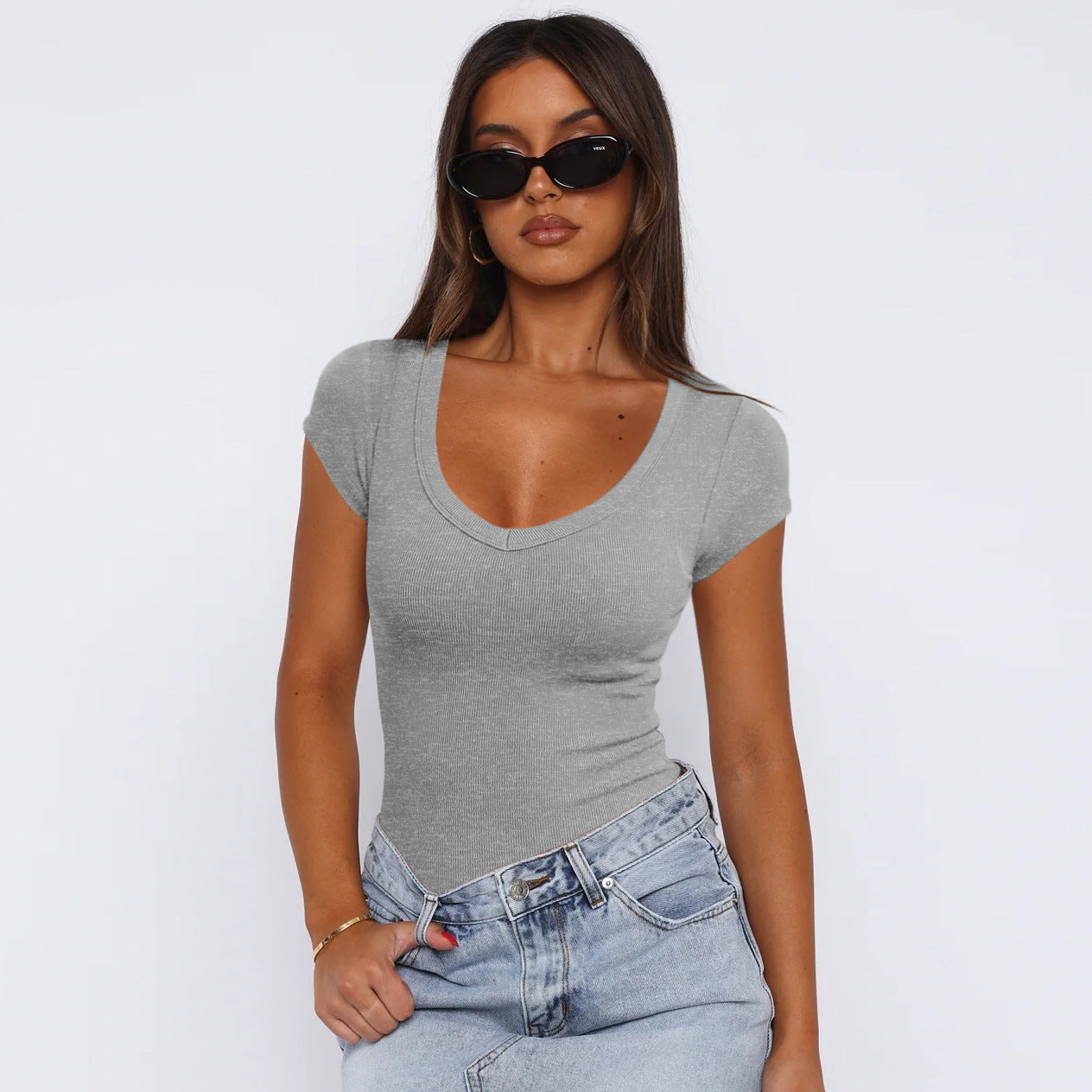 Summer Women's thread set head solid color, fashion short-sleeved blouse for women