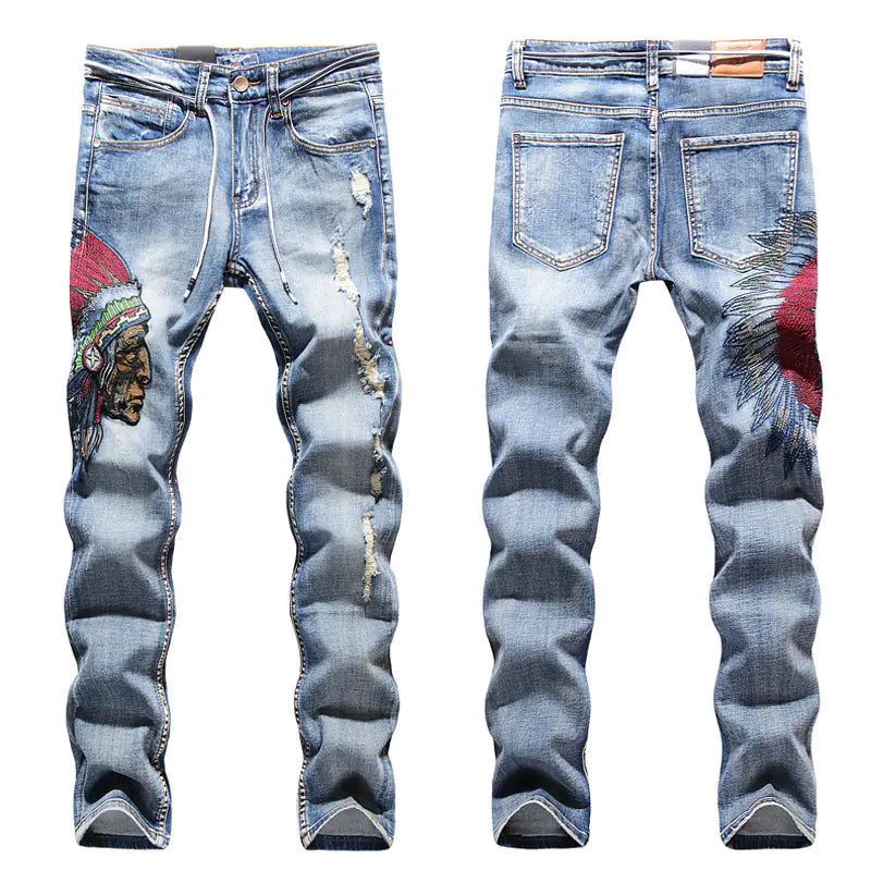 Embroidered Frayed Jeans for Men