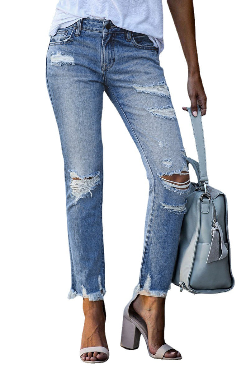 Raw edge ripped straight slim jeans