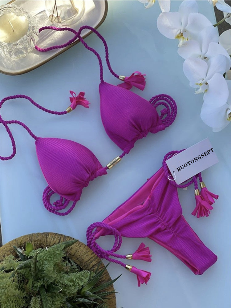 Swimsuit, triangle bag, bikini, women's two-piece solid color, multi-color bed rope, bikini