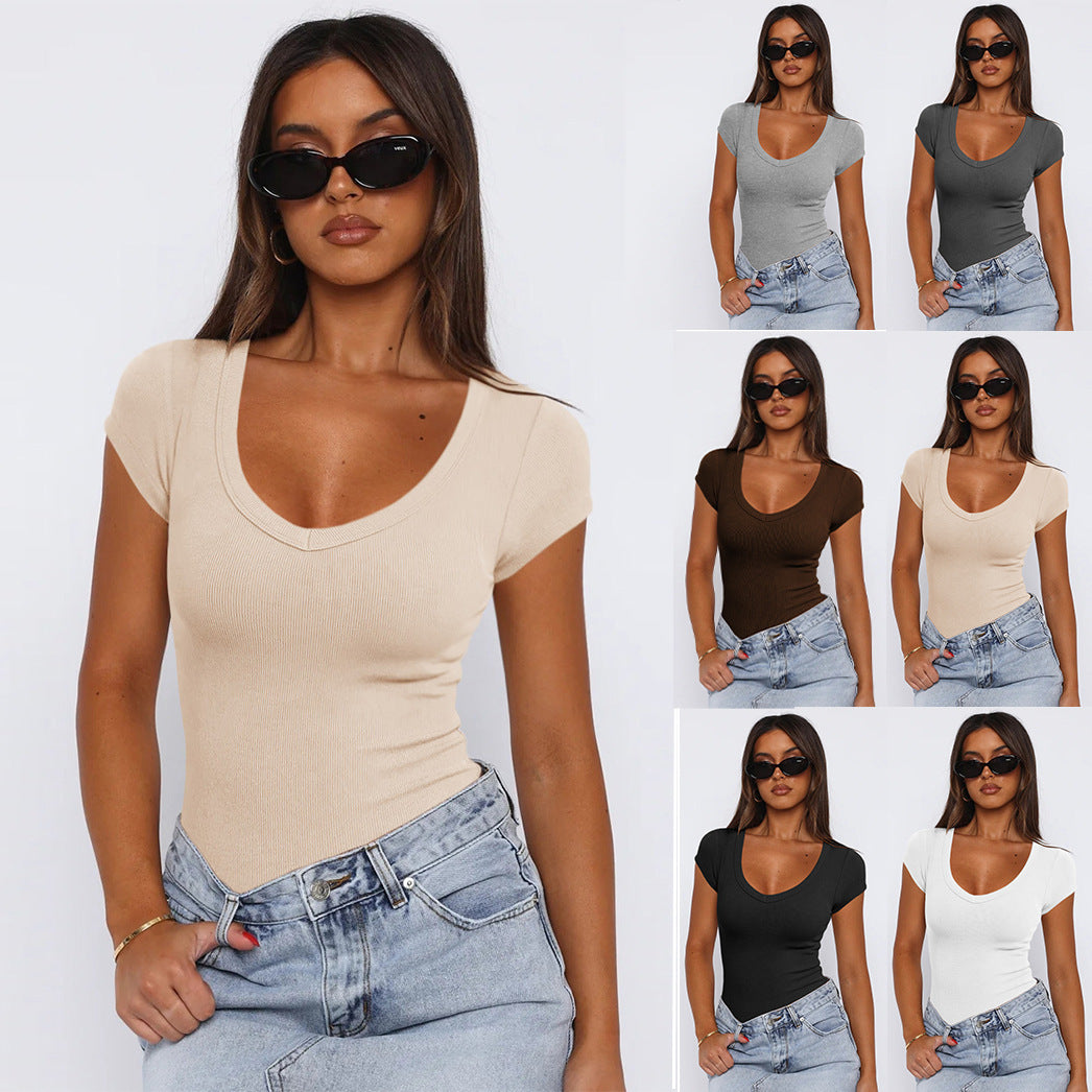 Summer Women's thread set head solid color, fashion short-sleeved blouse for women