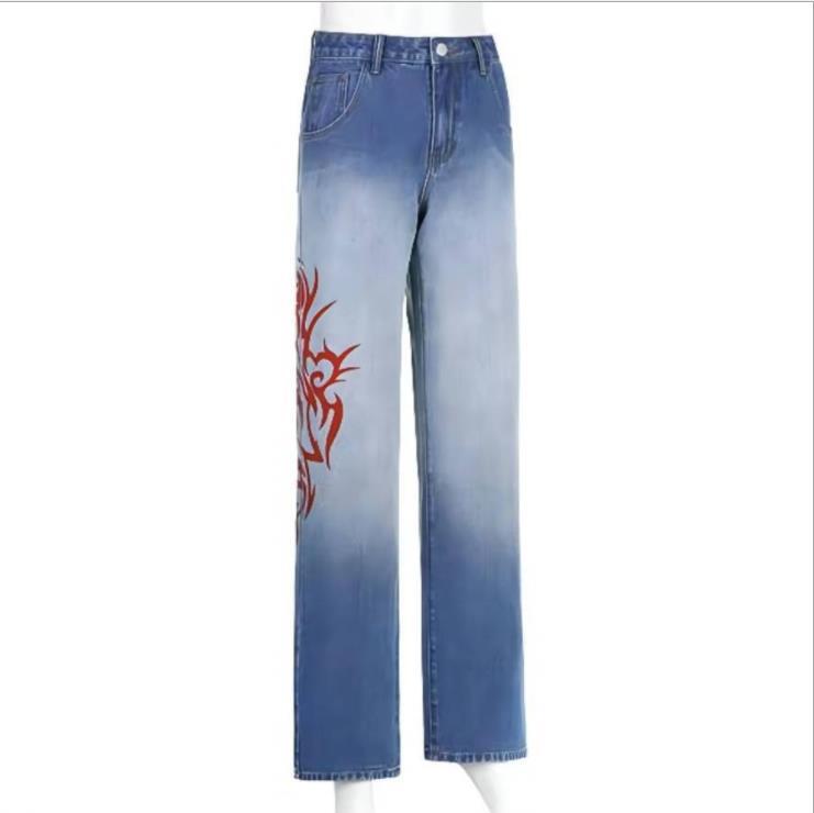 Flame printing gradually thin straight tube pants jeans women