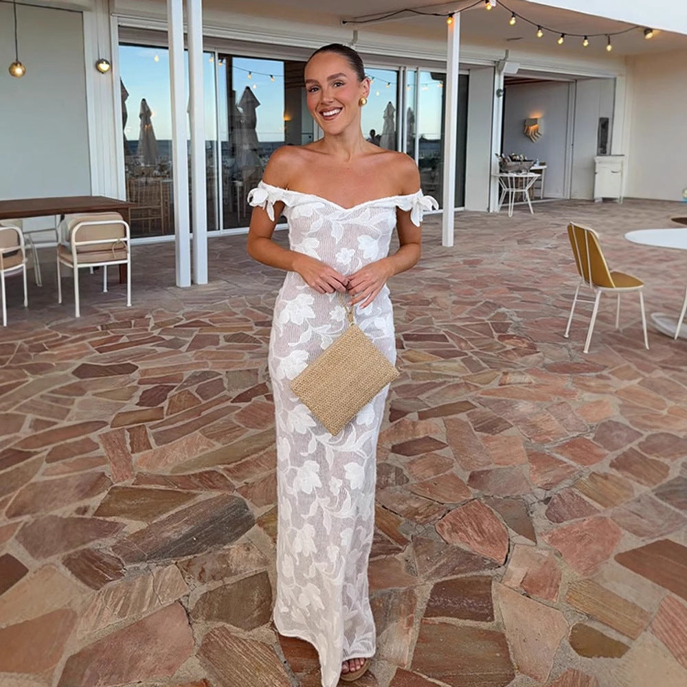 Solid-color and slimming one-shoulder slightly transparent knitted flower-patterned backless evening dress style