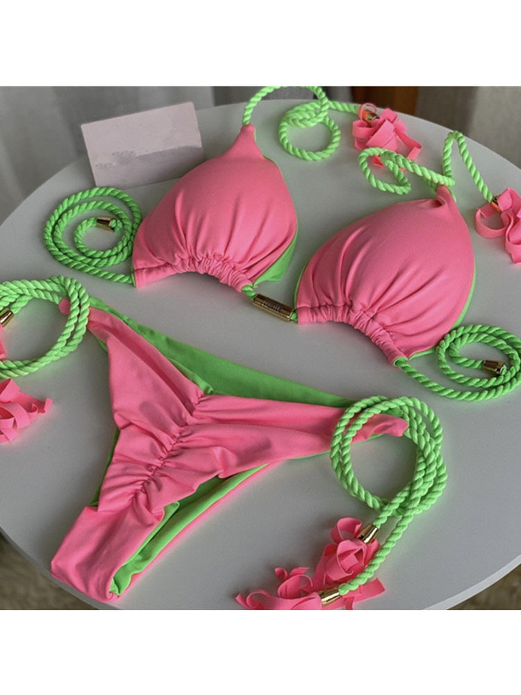 Swimsuit, triangle bag, bikini, women's two-piece solid color, multi-color bed rope, bikini