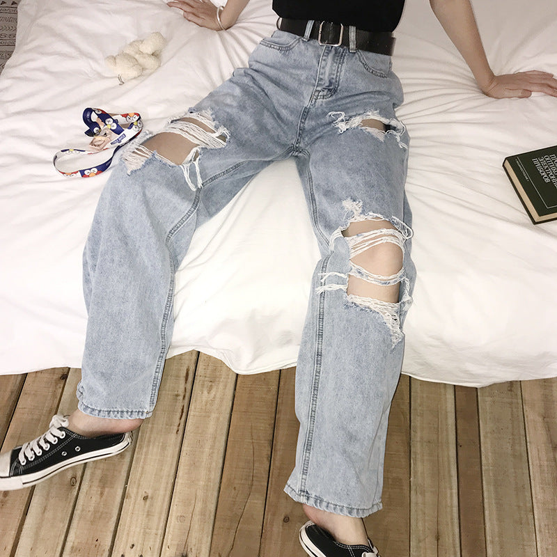 2022 plus-size fat mm high waist ripped jeans for women with a wide leg Hyuna straight pants