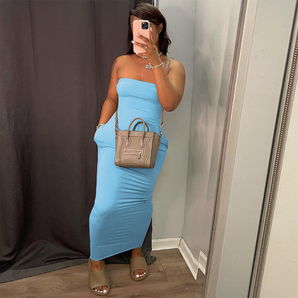 Solid-color Strapless Dress, a fashionable and elegant long dress for women