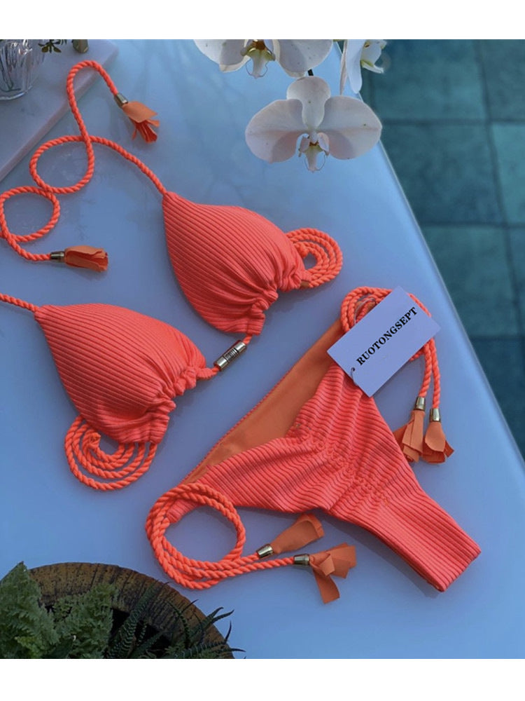 Swimsuit, triangle bag, bikini, women's two-piece solid color, multi-color bed rope, bikini