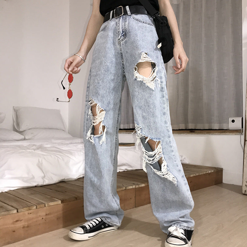 2022 plus-size fat mm high waist ripped jeans for women with a wide leg Hyuna straight pants