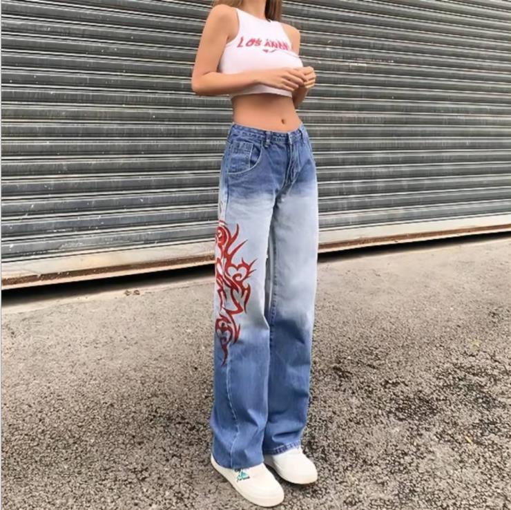 Flame printing gradually thin straight tube pants jeans women